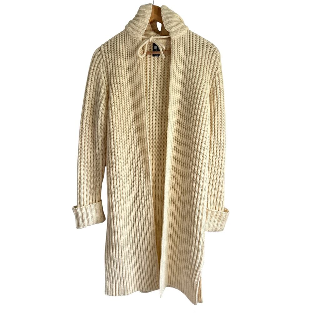 VTG‎ Gap XS Wool Blend Cream Y2K Long Line Hooded Chucky Knit Sweater Duster0